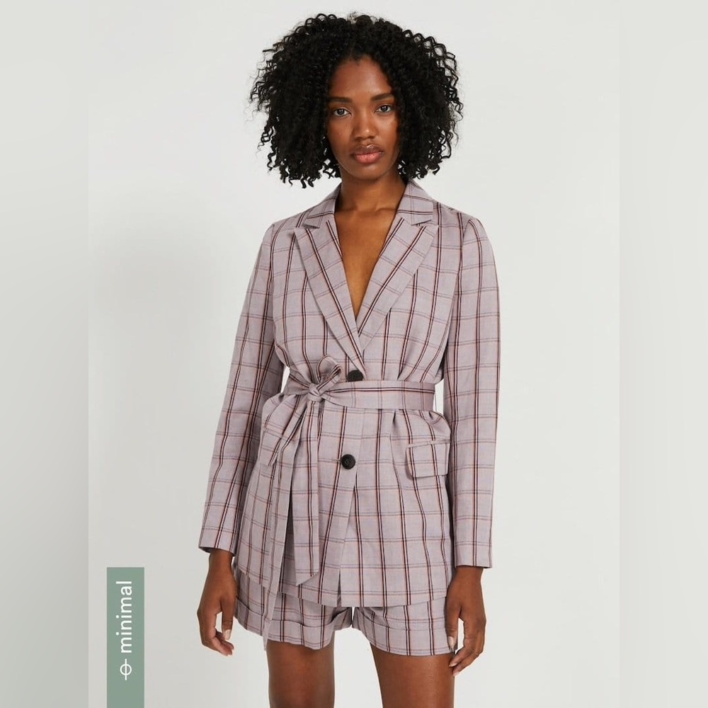 Frank And Oak Linen Tencel Belted Long Blazer Jacket in Plaid